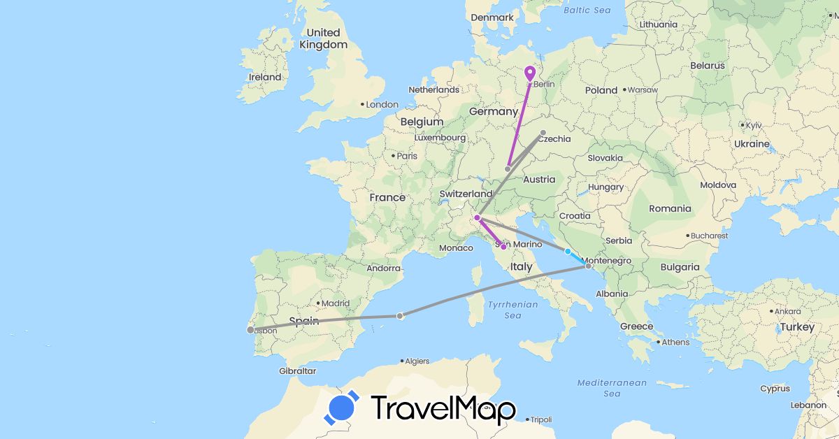TravelMap itinerary: driving, plane, train, boat in Czech Republic, Germany, Spain, Croatia, Italy, Portugal (Europe)